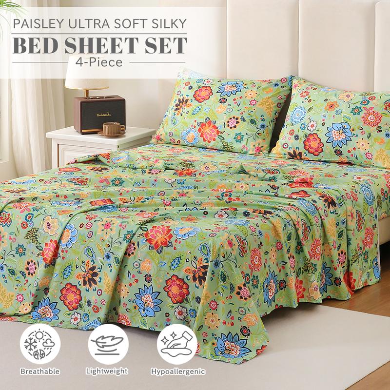 Bedlifes Bamboo Blend & Brushed Microfiber Cooling & Soft Floral Bed Sheet Set Soft 14-21"Extra