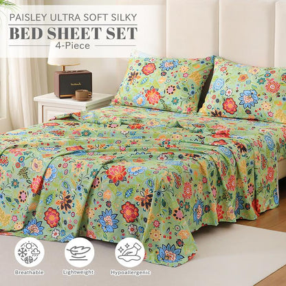 Bedlifes Bamboo Blend & Brushed Microfiber Cooling & Soft Floral Bed Sheet Set Soft 14-21"Extra