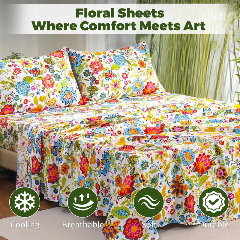 Bedlifes Bamboo Blend & Brushed Microfiber Cooling & Soft Floral Bed Sheet Set Soft 14-21"Extra