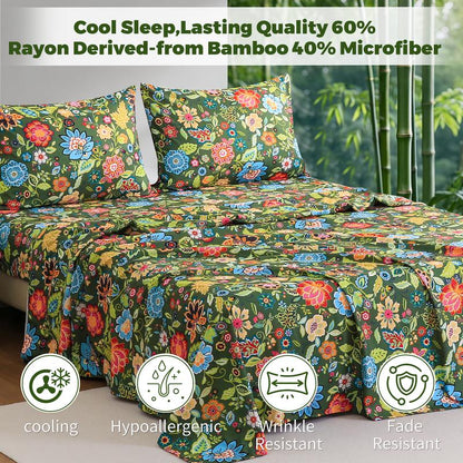 Bedlifes Bamboo Blend & Brushed Microfiber Cooling & Soft Floral Bed Sheet Set Soft 14-21"Extra